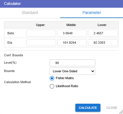 FreeWeibull Calculator showing the lower one-sided Fisher Matrix bound for beta