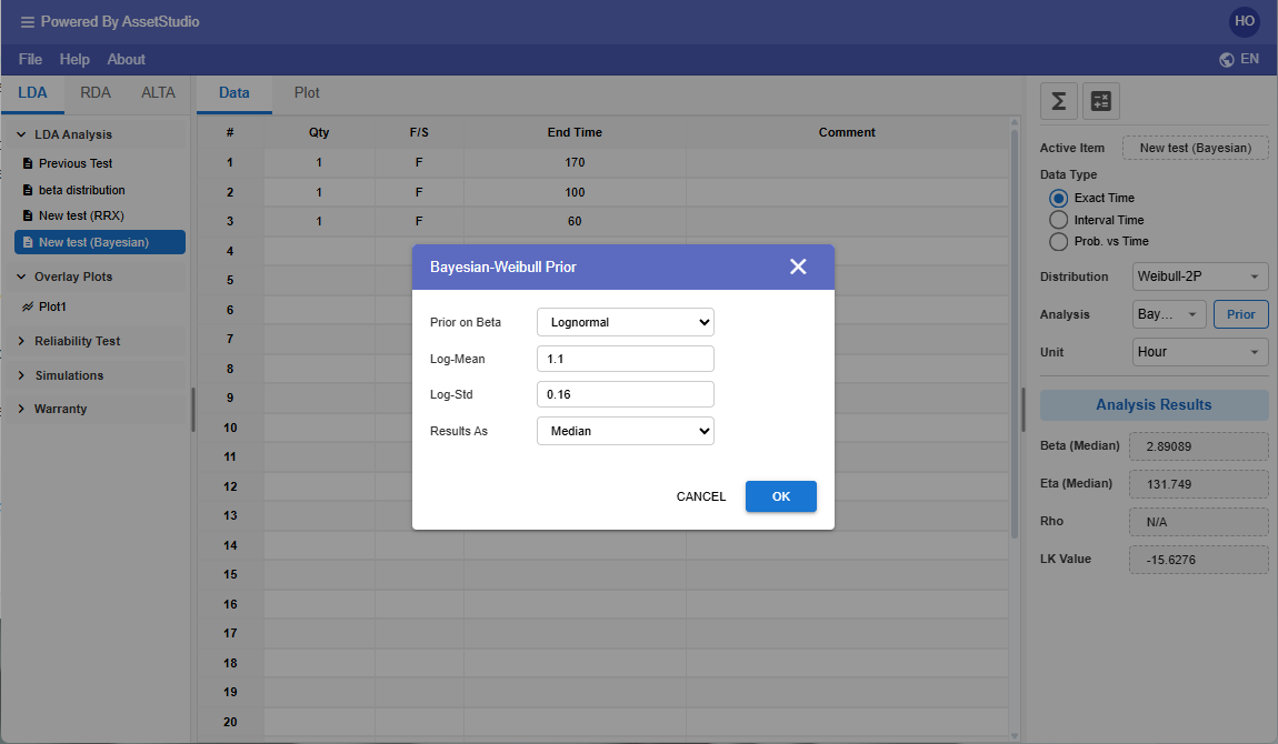 FreeWeibull Bayesian-Weibull Prior dialog with a Lognormal prior on beta